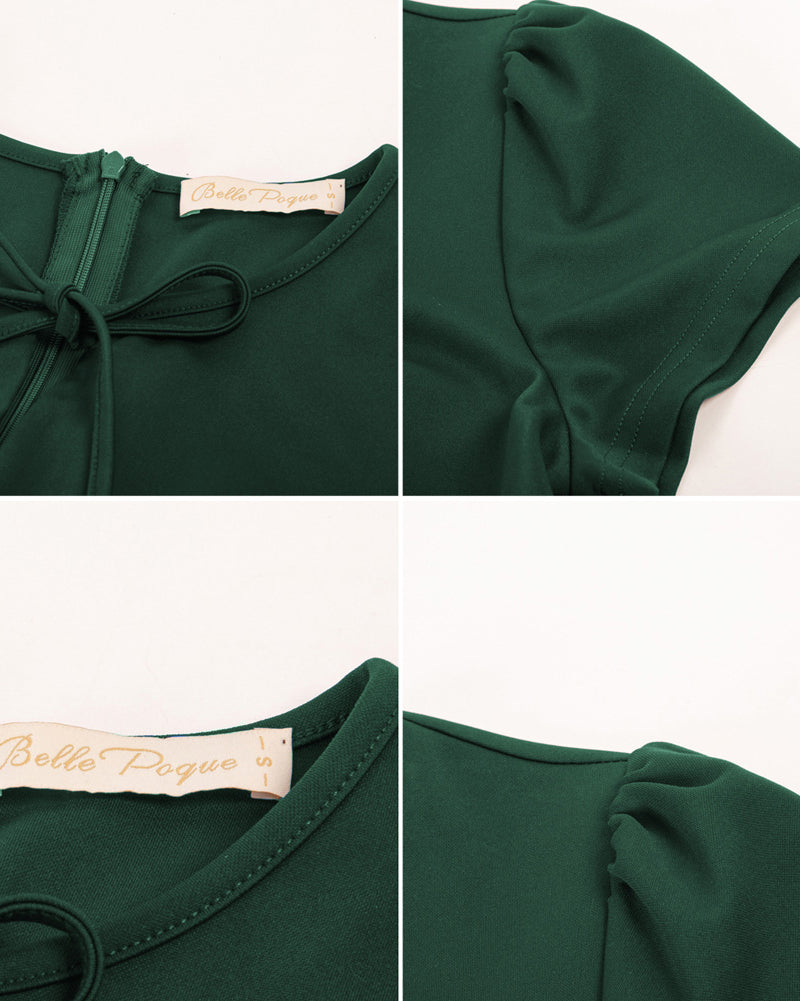 belle poque Vintage A-Line Swing Dress Keyhole Tie Dress Round Neck Work Dress Tea Dress