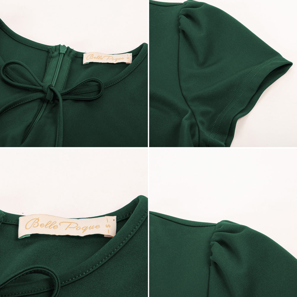 belle poque Vintage A-Line Swing Dress Keyhole Tie Dress Round Neck Work Dress Tea Dress