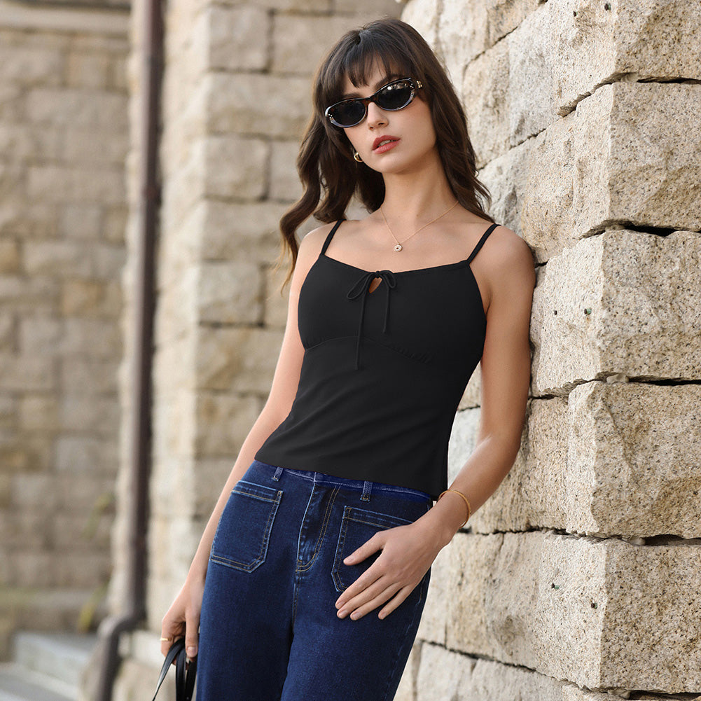 belle poque 2026 Summer Women's Tie Front Spaghetti Strap Top Sexy Cutout Crop Tank Top