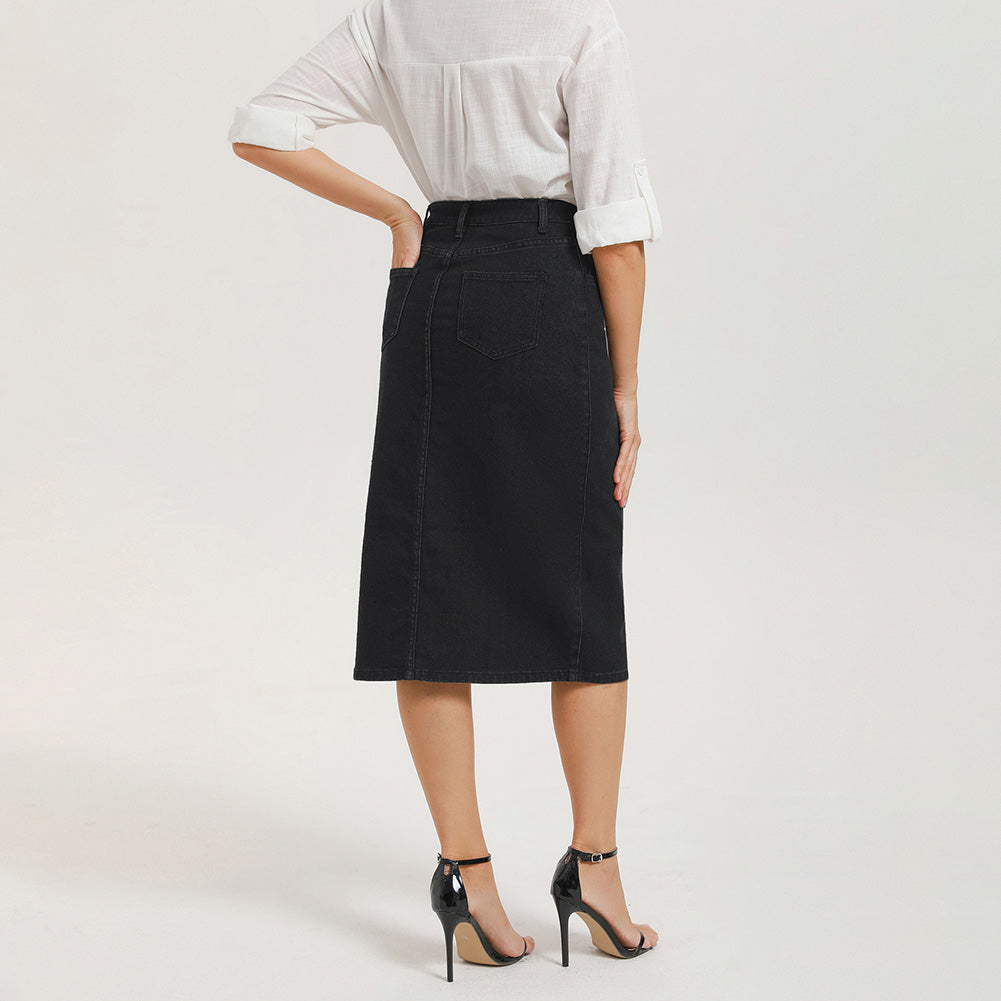 belle poque 1980s Vintage Jean Skirts for Women Front Slit Midi Skirt with Pockets