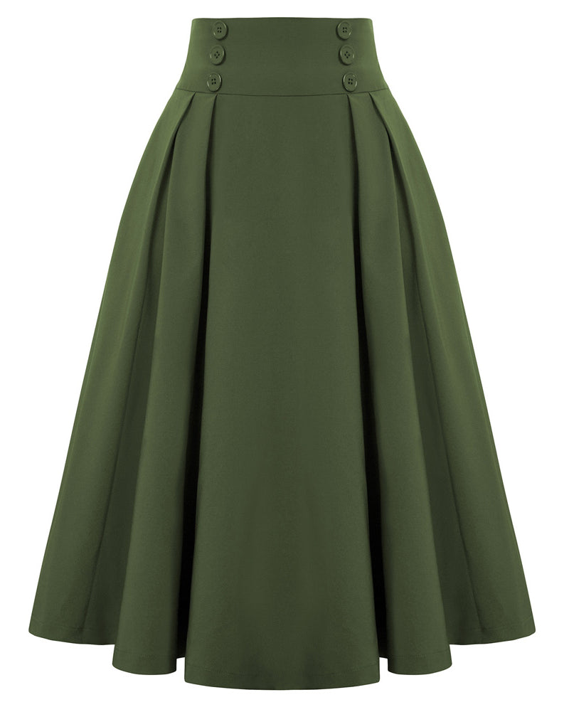 belle poque Women's Vintage Pleated Buttons Elastic Waist High A-Line Skirt