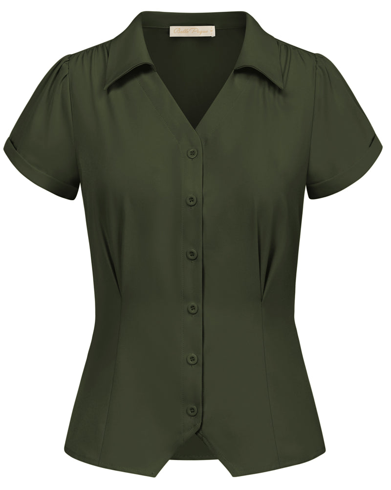 belle poque Short Sleeve Button Down Polka Dot Patterns Shirts Vintage Shirts Business Blouse Tops