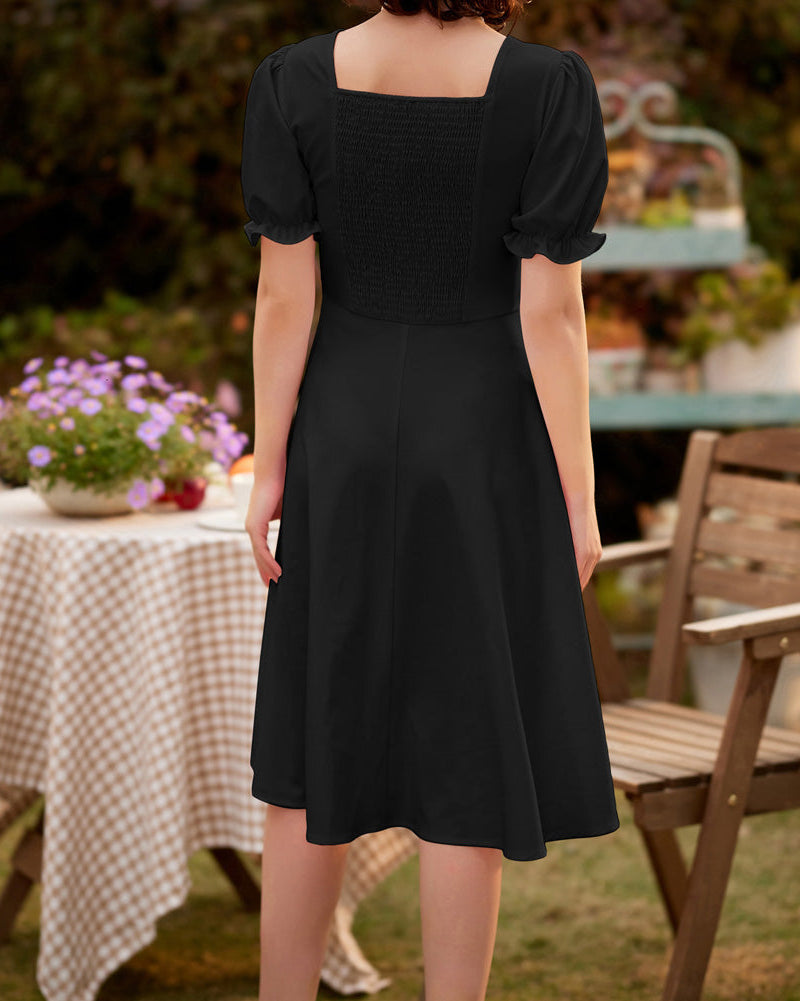 belle poque Vintage Strawberry Patterns Front Slit Dress Puffed Short Sleeve Sweetheart Neck Dress