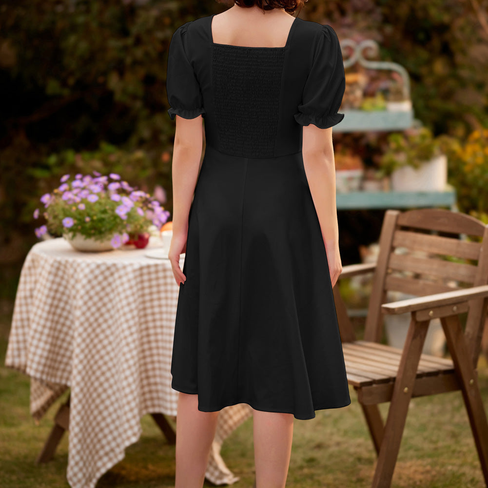 belle poque Vintage Strawberry Patterns Front Slit Dress Puffed Short Sleeve Sweetheart Neck Dress