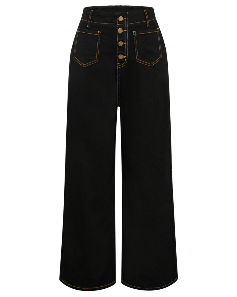 belle poque Vintage Straight Leg High Waisted Elastic Waist Multi-Pocket Flare Denim Pants Black