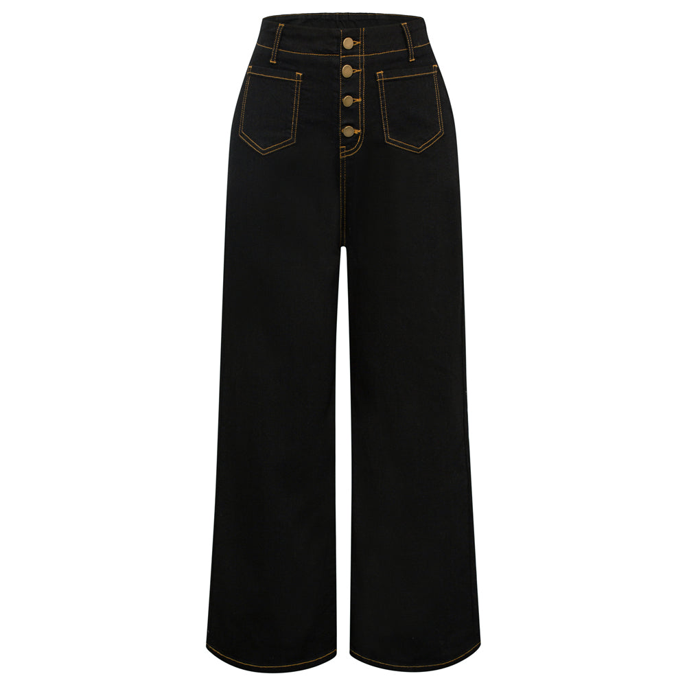 belle poque Vintage Straight Leg High Waisted Elastic Waist Multi-Pocket Flare Denim Pants Black