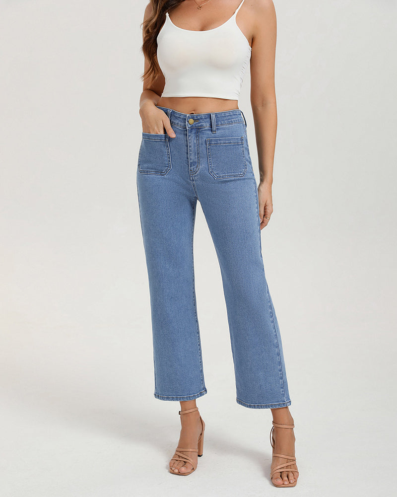 belle poque Women's Straight Leg Jeans Mid Rise Wide Leg Denim Pants with Pockets