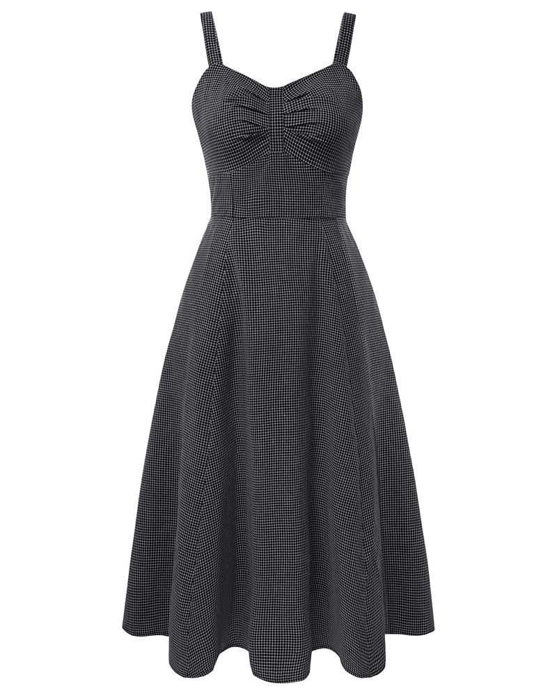 belle poque 1950s Vintage Gingham Dress for Women Sweetheart Neckline Dresses with Pockets Black