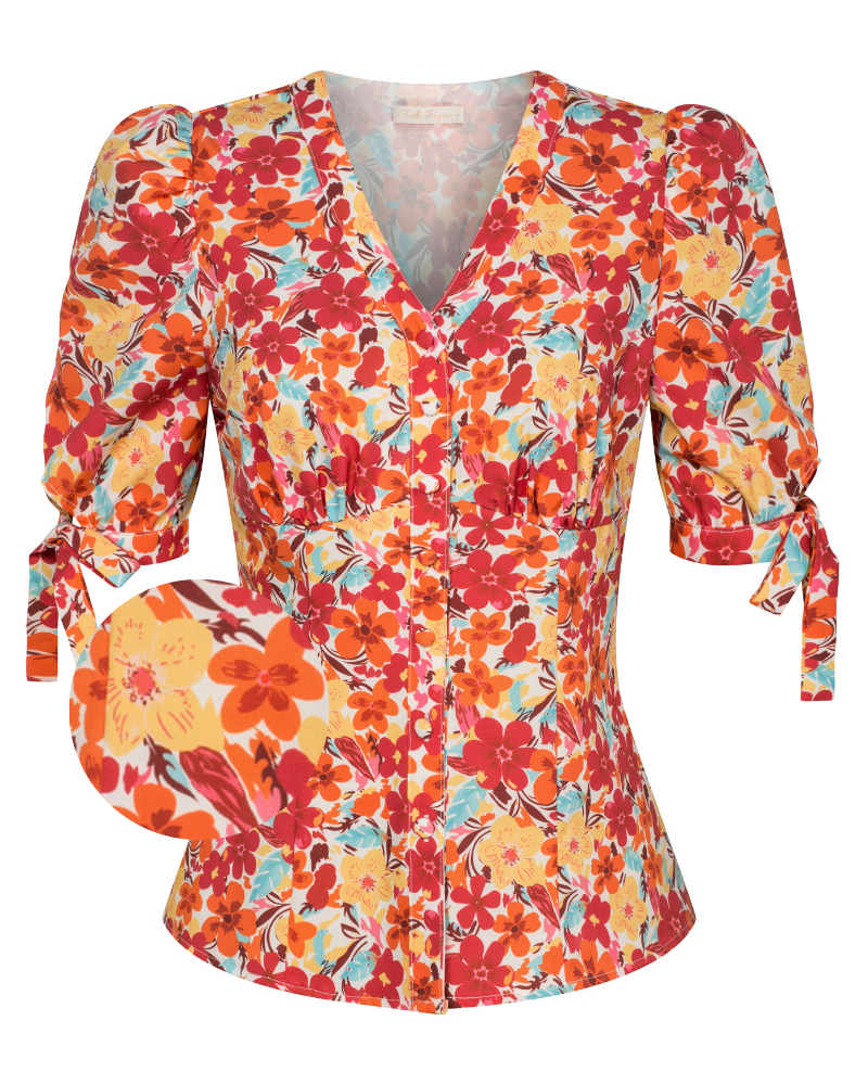 belle poque Cherries Pattern Short Puff Sleeves V-Neck Button Placket Blouse