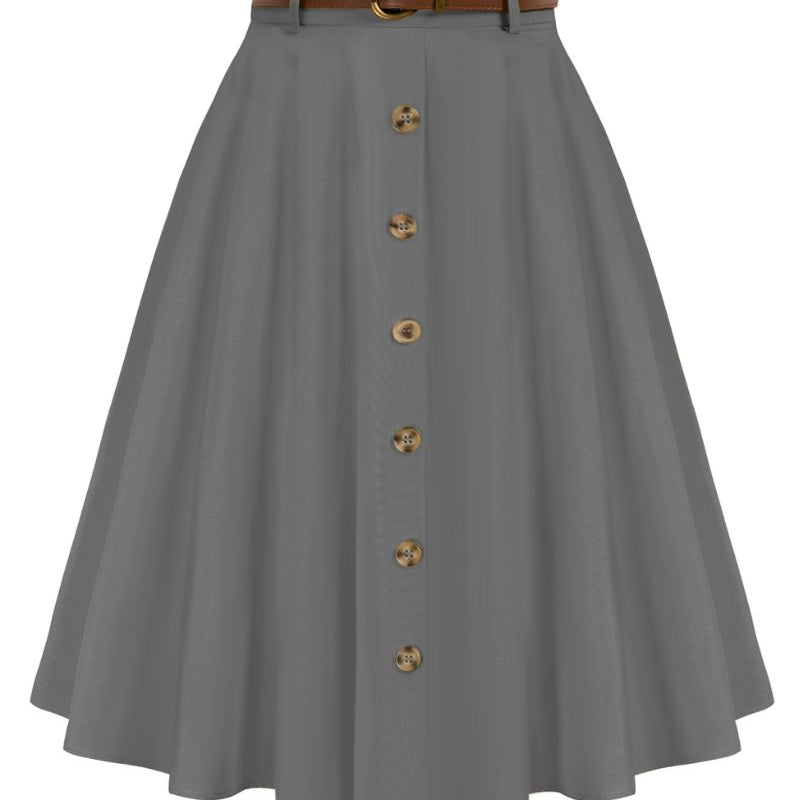 belle poque Swing Skirt with Belt Elastic High Waist Buttons Decorated Skirt Grey