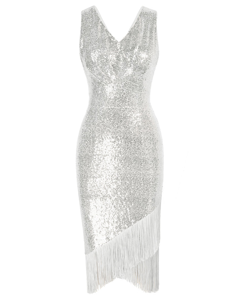 belle poque Seckill Offer⌛Sequined Sleeveless V-Neck Tassel Decorated Wrap Hem Party Dress White