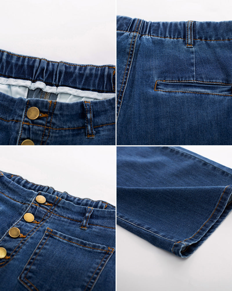 belle poque Vintage Straight Leg High Waisted Elastic Waist Multi-Pocket Flare Denim Pants