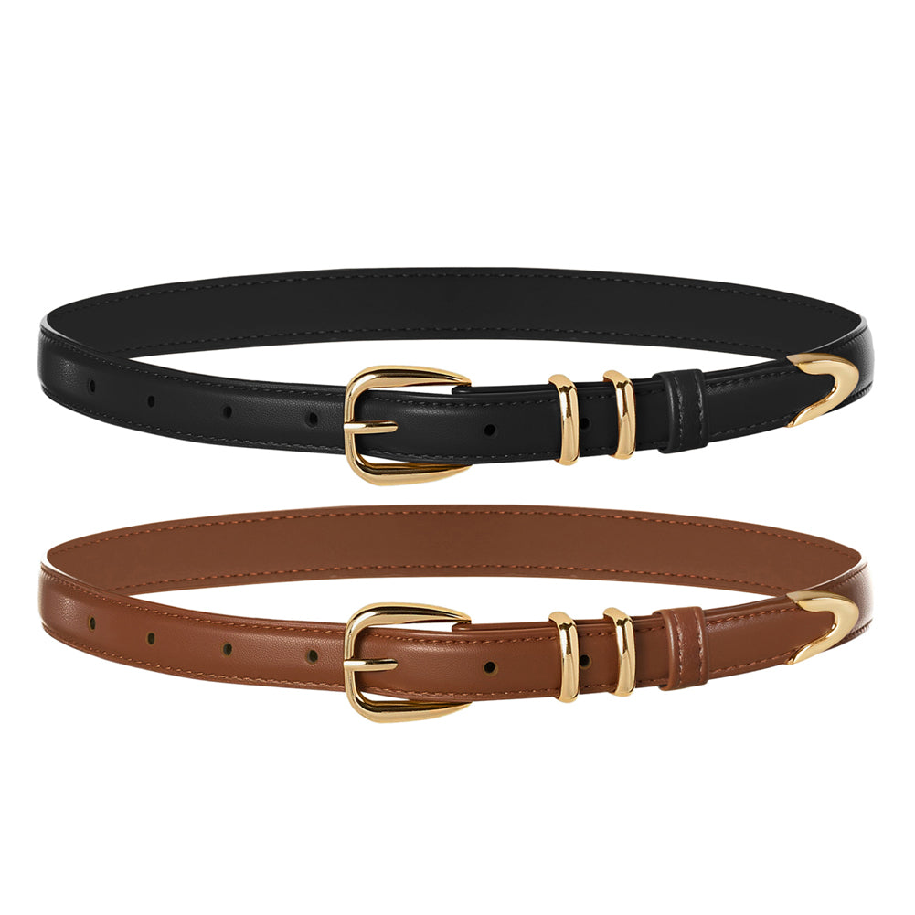 belle poque Women 2pcs Classic Buckle Waist Belt Ladies Polyurethane Leather Narrow Belt SET4