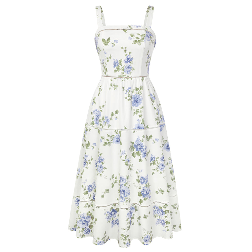 belle poque 2026 Milkmaid Dress Women Vintage Midi Tea Garden Party Sundresses with Pockets Blue