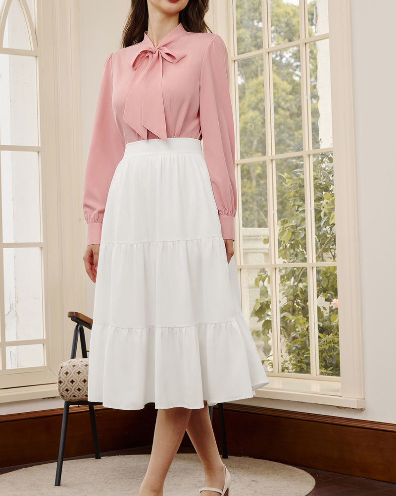 belle poque Women's Bow Tie Neck Blouse Button Down Shirt for Work Office Casual