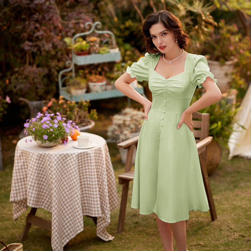 belle poque Vintage Strawberry Patterns Front Slit Dress Puffed Short Sleeve Sweetheart Neck Dress