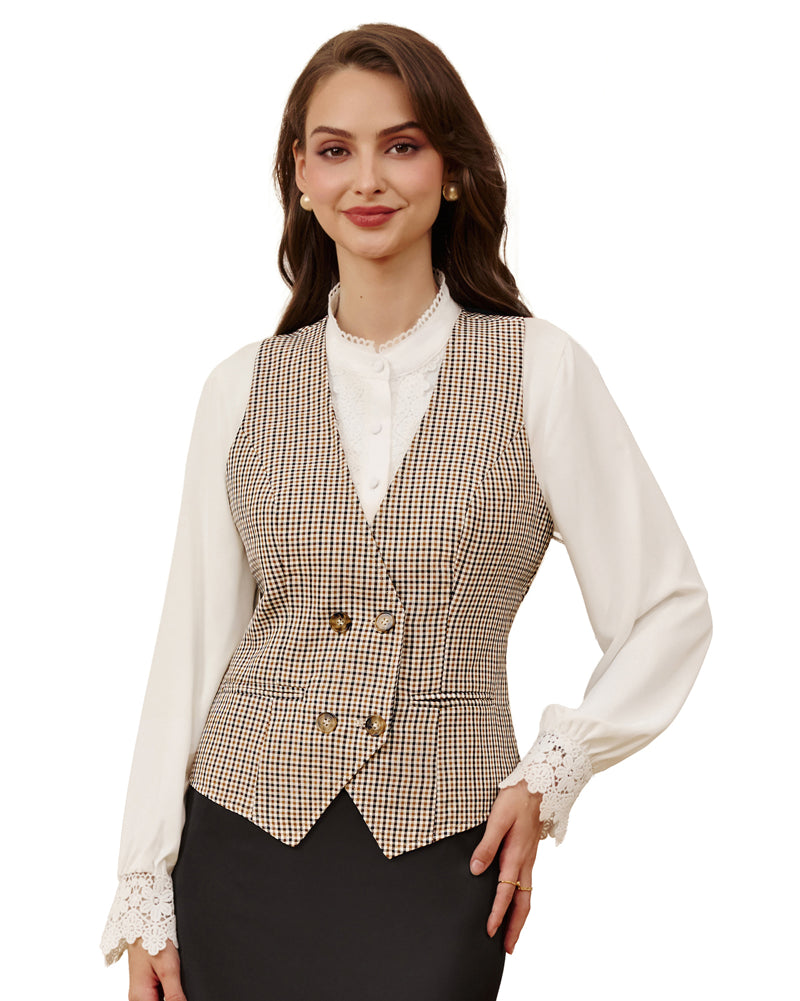 belle poque Women Double Breasted Vest Coat V-Neck Handkerchief Hem Business Waistcoat