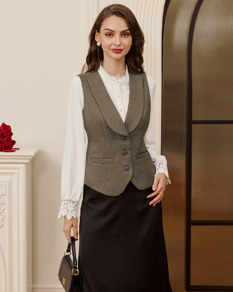 belle poque Vintage Lapel Collar Suit Vest Tops for Women Work Dressy Waistcoat Blazer with Pockets