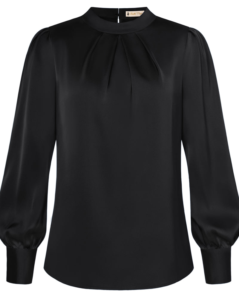 belle poque Womens Long Sleeve Satin Blouse Dressy Casual Business Tops Shirts for Office Work Black