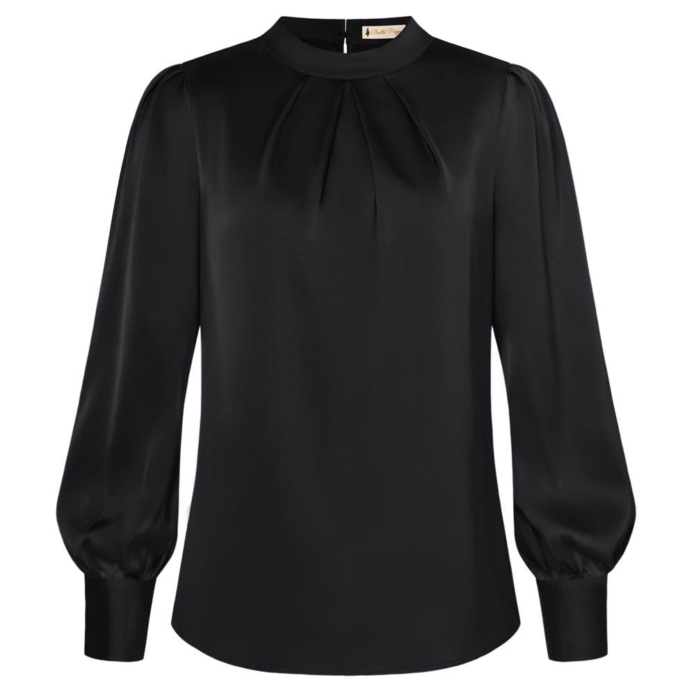 belle poque Womens Long Sleeve Satin Blouse Dressy Casual Business Tops Shirts for Office Work Black