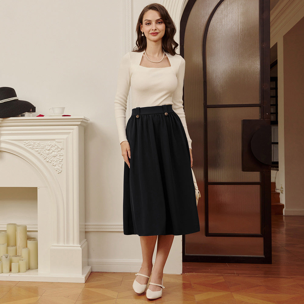 belle poque Women Vintage Swing Skirt Elastic Waist Mid-Calf Length A-Line Skirt