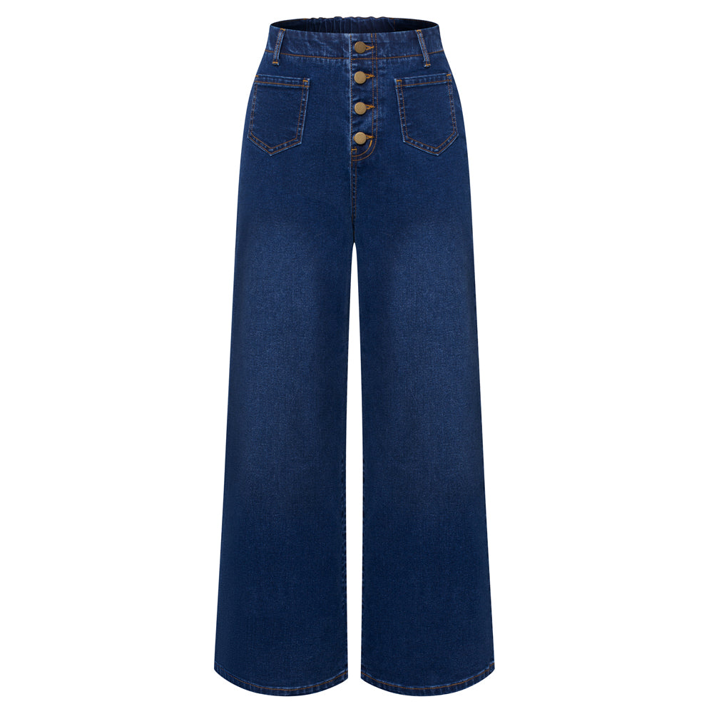 belle poque Vintage Straight Leg High Waisted Elastic Waist Multi-Pocket Flare Denim Pants Ocean blue