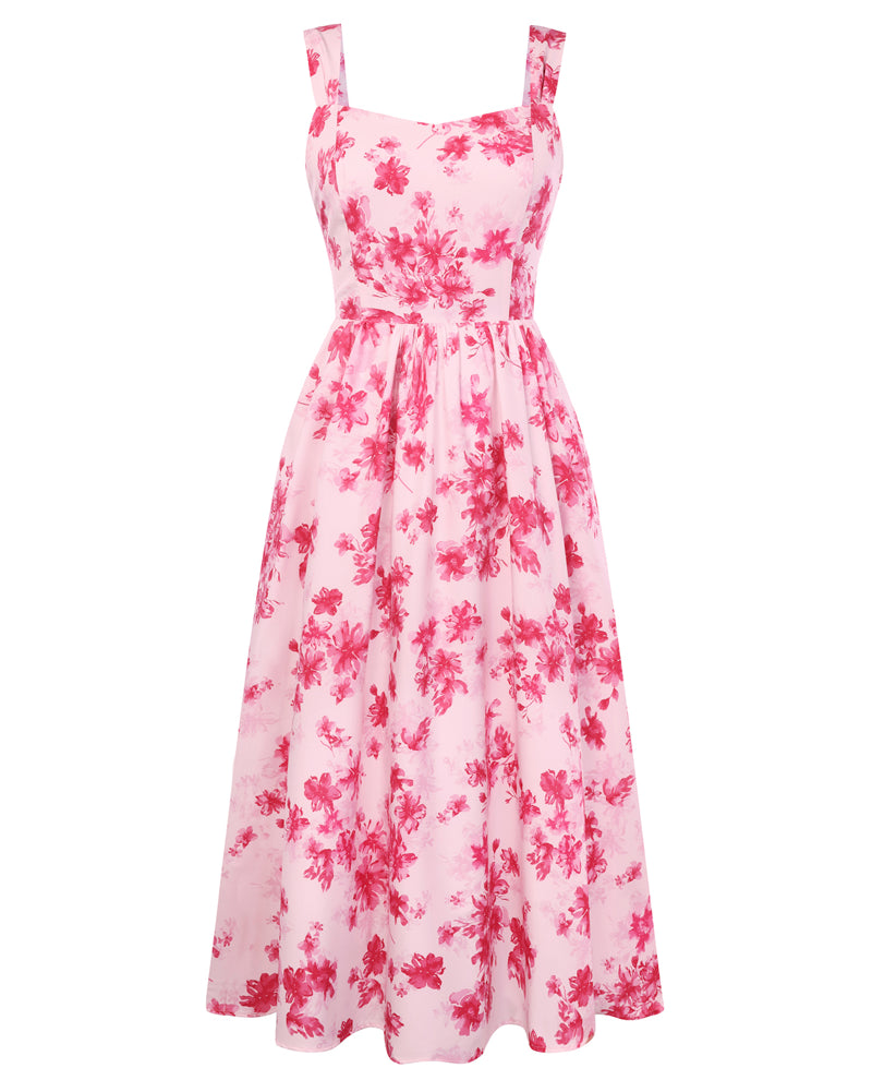belle poque Women's Floral Midi Sundress with Pockets Spring Summer Dresses for Wedding Guest Pink