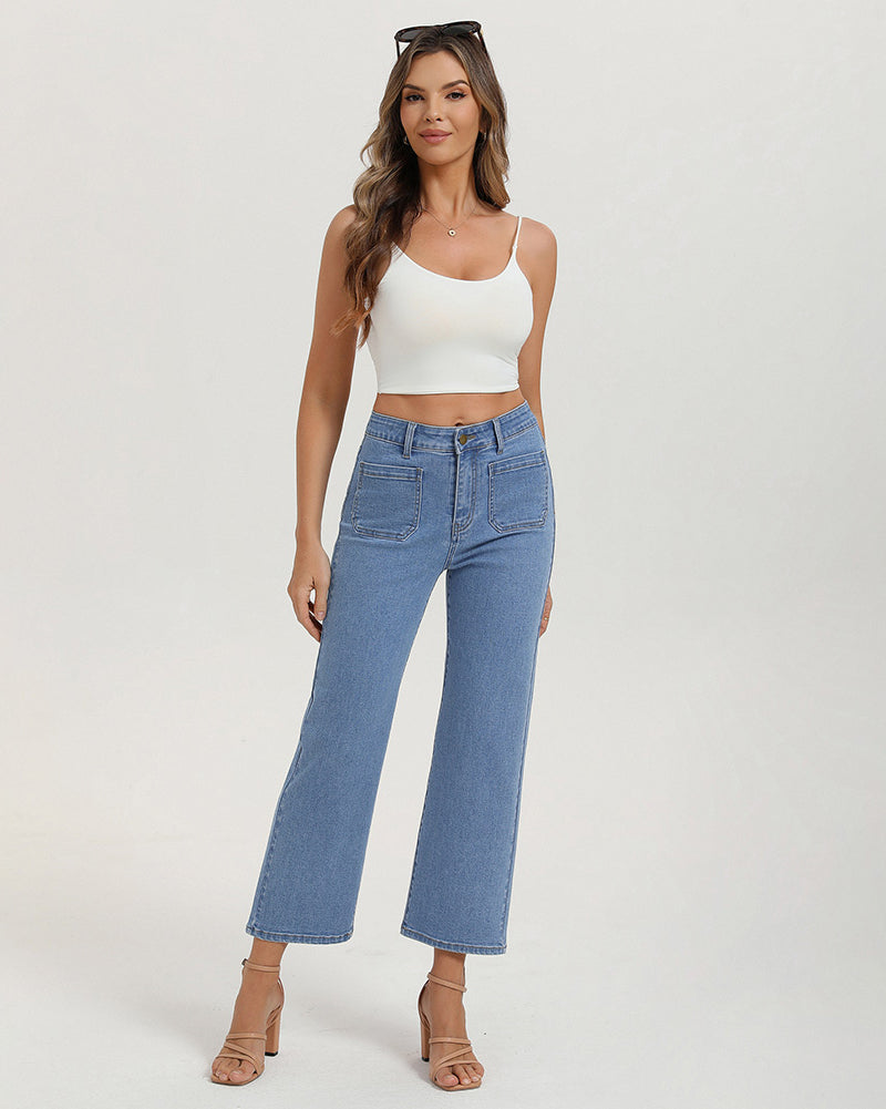 belle poque Women's Straight Leg Jeans Mid Rise Wide Leg Denim Pants with Pockets