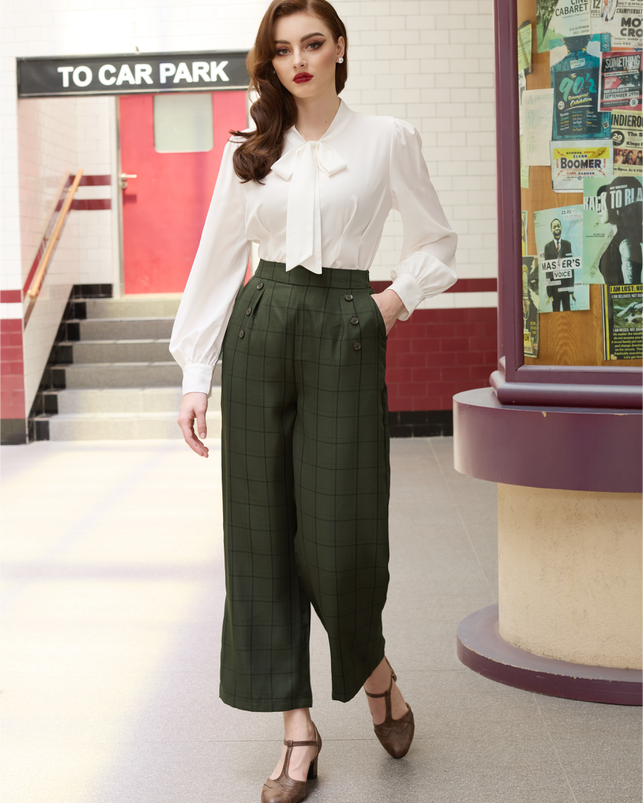 belle poque High Waisted Wide Leg Pants Button Decorated Casual Stretchy Trousers with Pockets