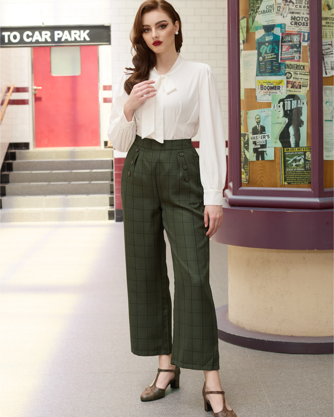 belle poque High Waisted Wide Leg Pants Button Decorated Casual Stretchy Trousers with Pockets