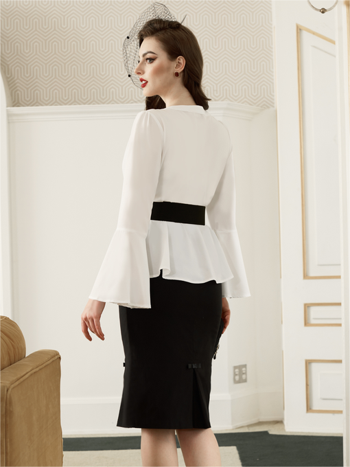 belle poque Seckill Offer⌛Vintage Peplum Button Down Blouse Long Bell Sleeve V Neck Shirts Dressy Formal Tops