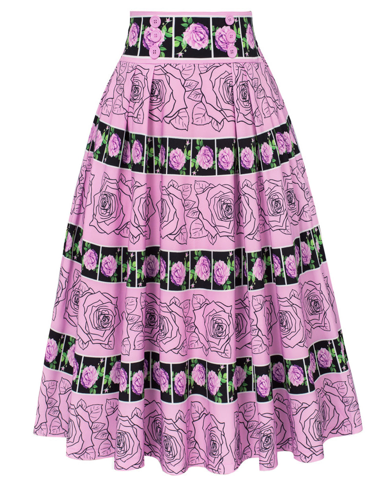 belle poque Pleated Buttons Decorated Elastic Waist High Waist Swing A-Line Skirt with Pockets Flower