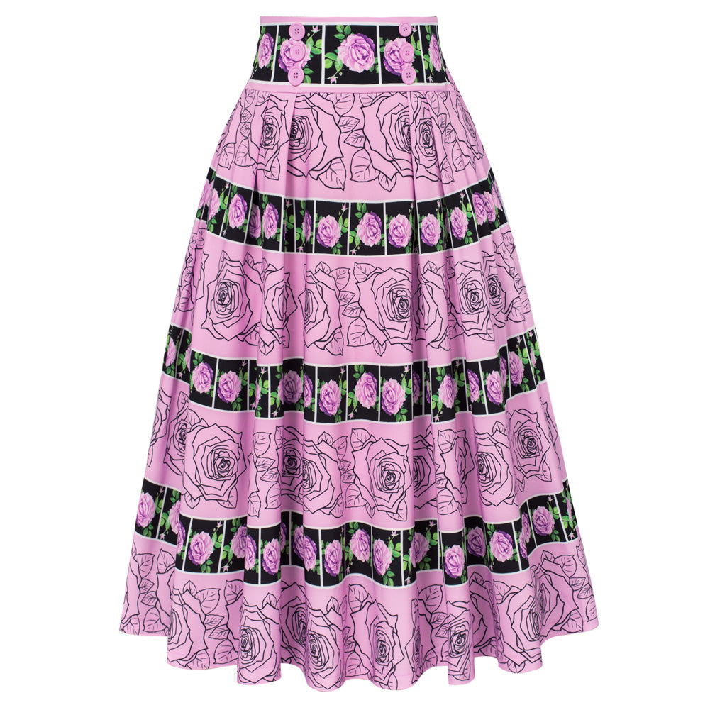 belle poque Pleated Buttons Decorated Elastic Waist High Waist Swing A-Line Skirt with Pockets Flower