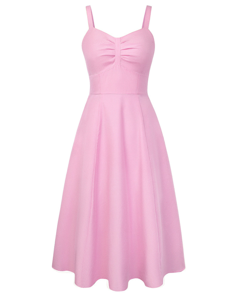 belle poque 1950s Vintage Gingham Dress for Women Sweetheart Neckline Dresses with Pockets Pink