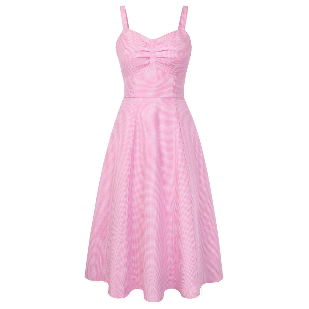 belle poque 1950s Vintage Gingham Dress for Women Sweetheart Neckline Dresses with Pockets Pink