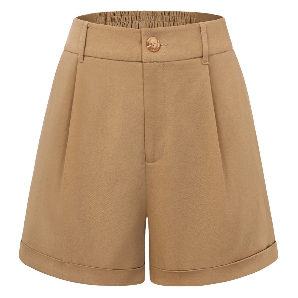 belle poque 2026 Women Vintage 100% Cotton Shorts Wide Leg Shorts with Pockets Brown