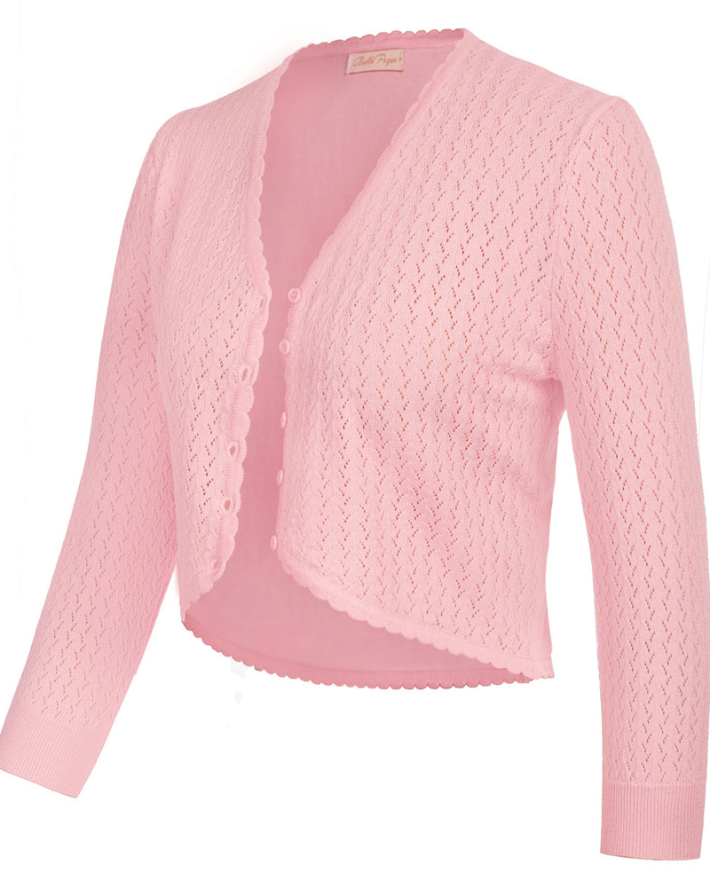 belle poque Hollowed-Out Cardigan 3/4 Sleeve V-Neck Button-up Cropped Knitwear