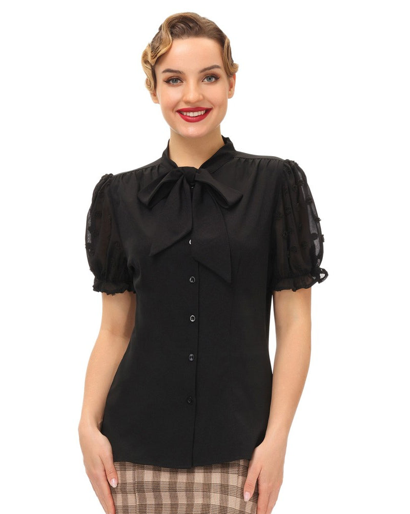 belle poque Bow-Knot Decorated Shirt Short Sleeve Stand Collar Tops