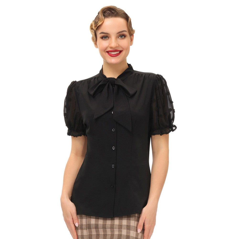 belle poque Bow-Knot Decorated Shirt Short Sleeve Stand Collar Tops