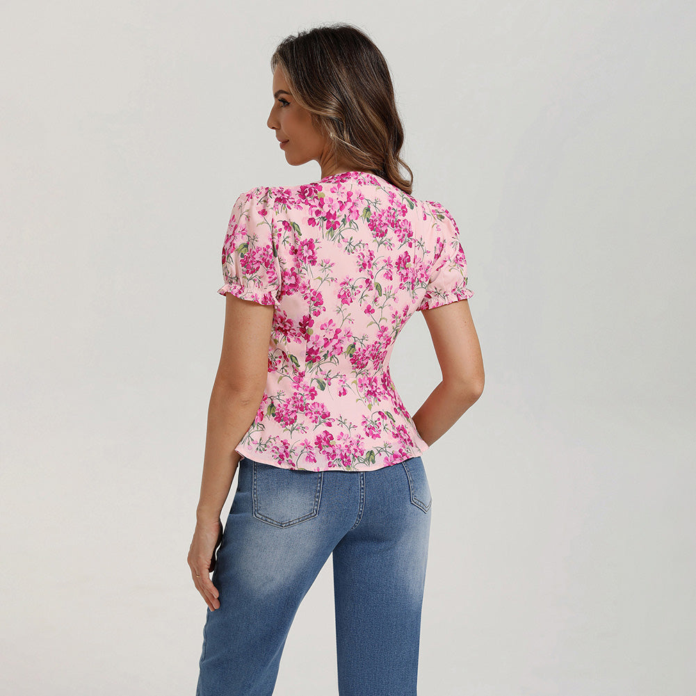 belle poque Floral Tops for Women Vacation Blouses Henley V Neck Shirts Peplum Tops