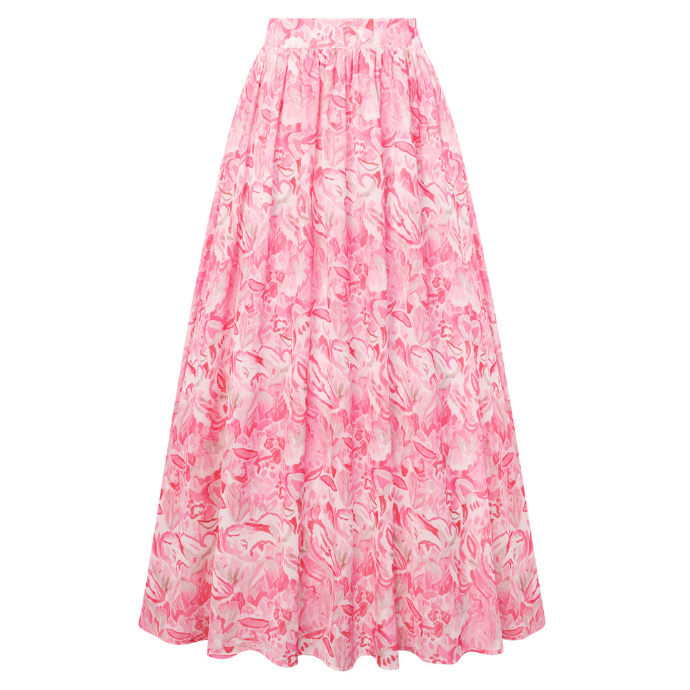 belle poque 2026 Women Vintage Swing Floral Skirt Comfy A-Line Maxi Skirt Pink