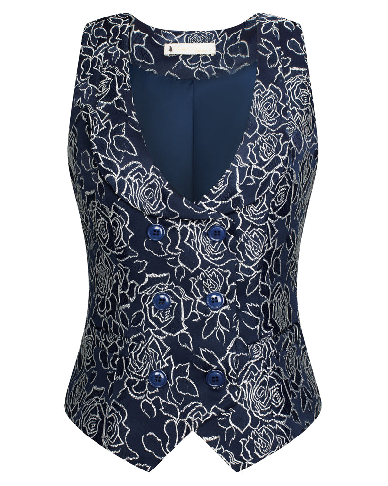 belle poque Vintage Floral Printed Double Breasted Vest Deep V-Neck Handkerchief Hem Vest Coat Navy