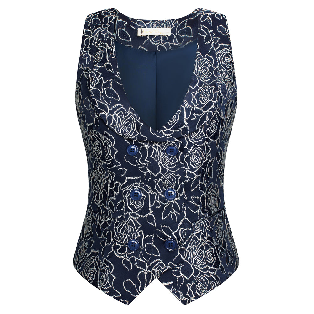 belle poque Vintage Floral Printed Double Breasted Vest Deep V-Neck Handkerchief Hem Vest Coat Navy