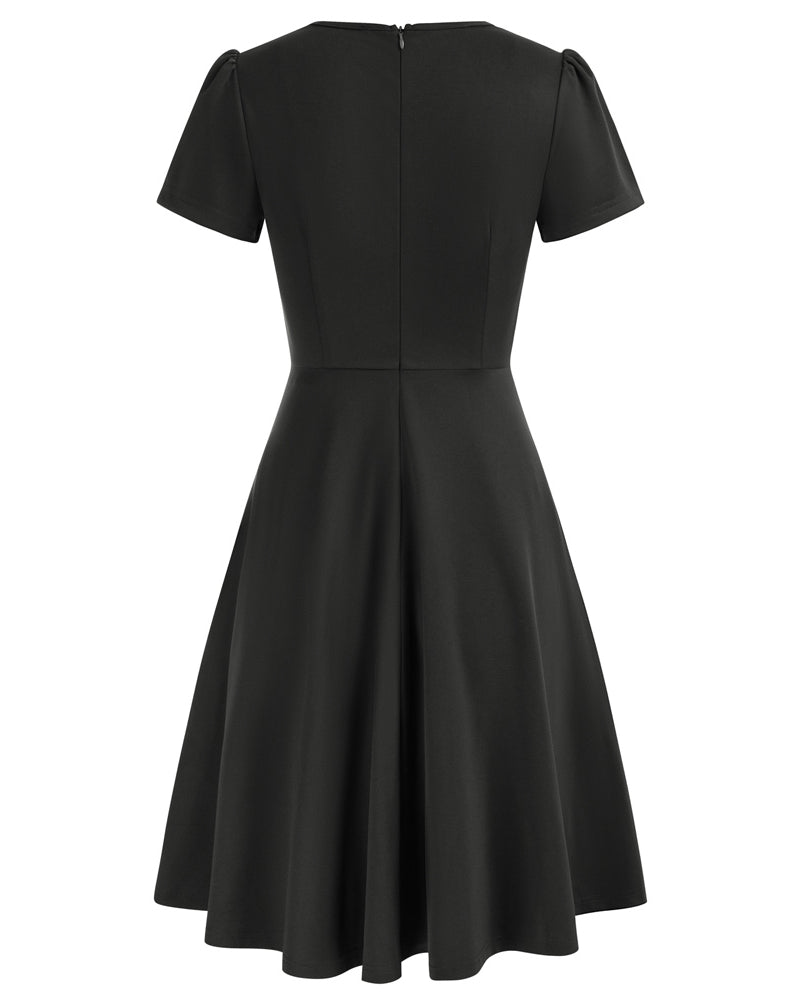 belle poque Vintage A-Line Swing Dress Keyhole Tie Dress Round Neck Work Dress Tea Dress