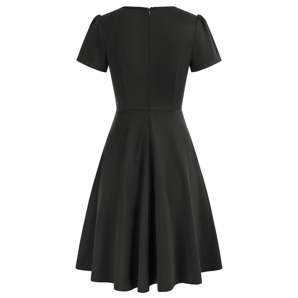 belle poque Vintage A-Line Swing Dress Keyhole Tie Dress Round Neck Work Dress Tea Dress