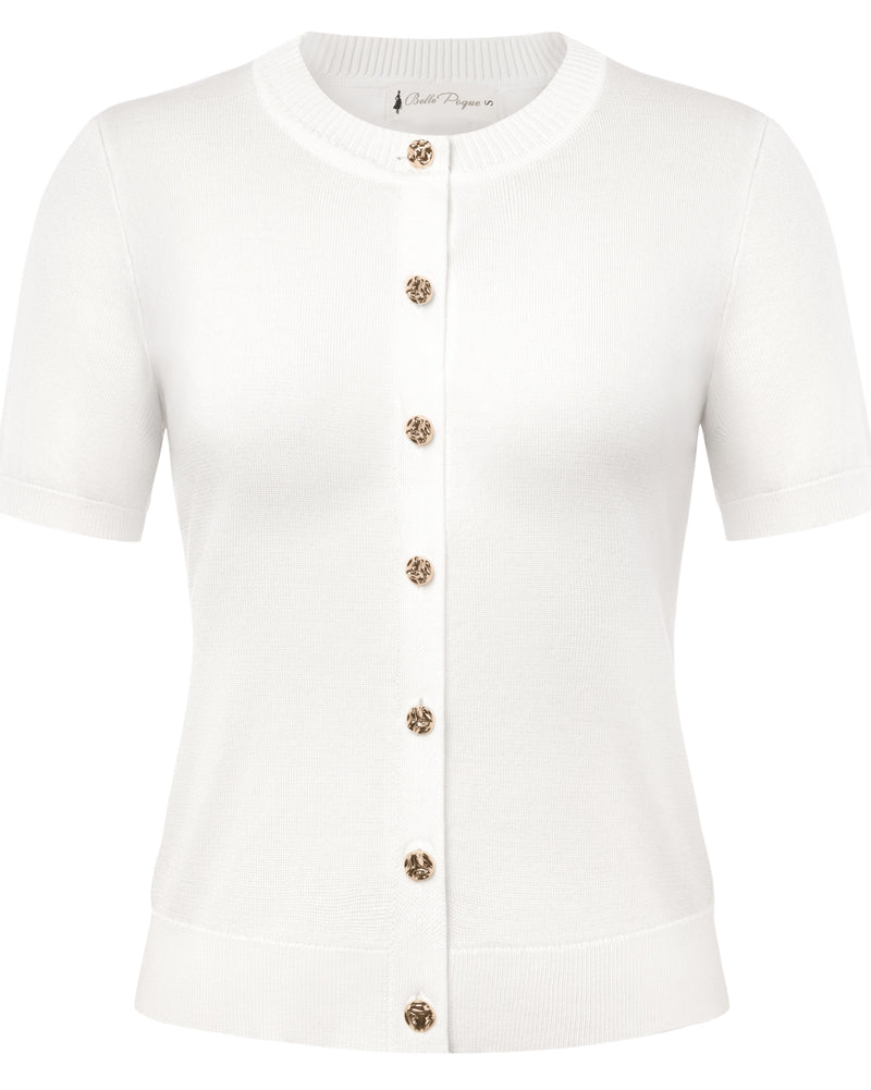belle poque 2026 Spring Short Sleeve Cardigan Sweater Lightweight Button Up Cardigan White