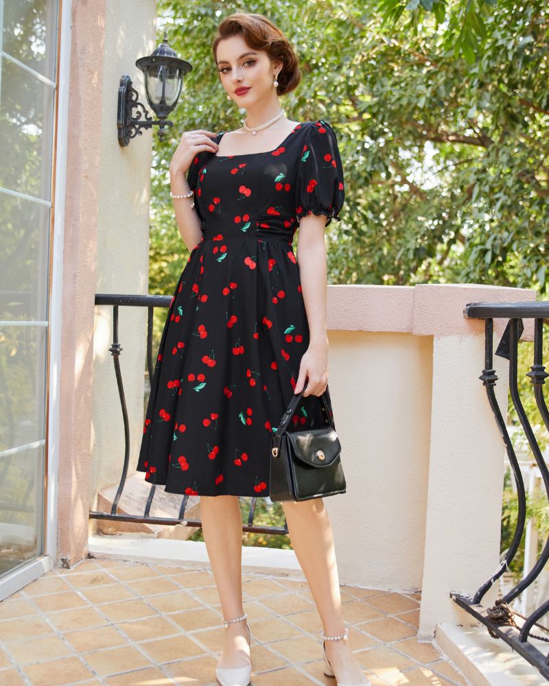 belle poque Vintage Daisy Flower Print Cottagecore Cocktail Dresses Square Neck Puff Sleeve Dress with Pockets