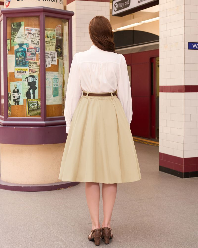 belle poque Swing Skirt with Belt Elastic High Waist Buttons Decorated Skirt