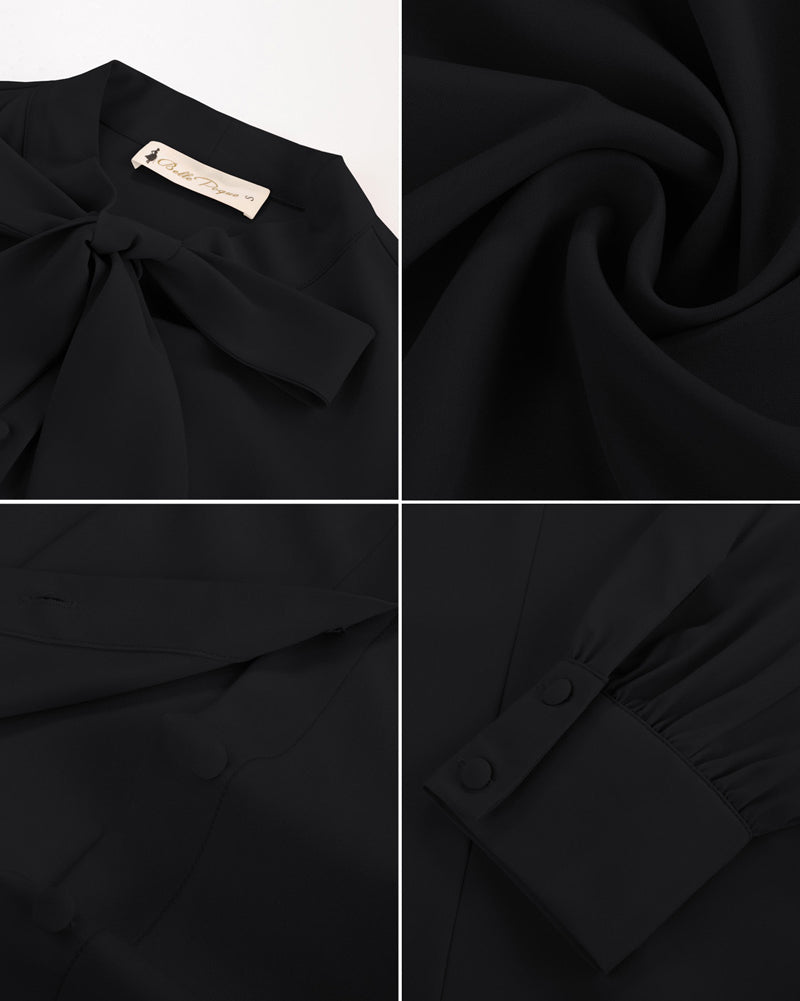 belle poque Women's Bow Tie Neck Blouse Button Down Shirt for Work Office Casual