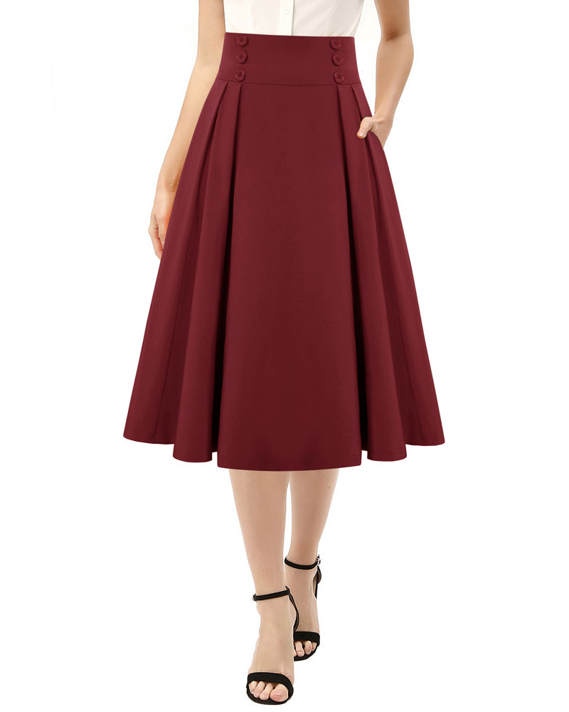 belle poque Women's Vintage Pleated Buttons Elastic Waist High A-Line Skirt